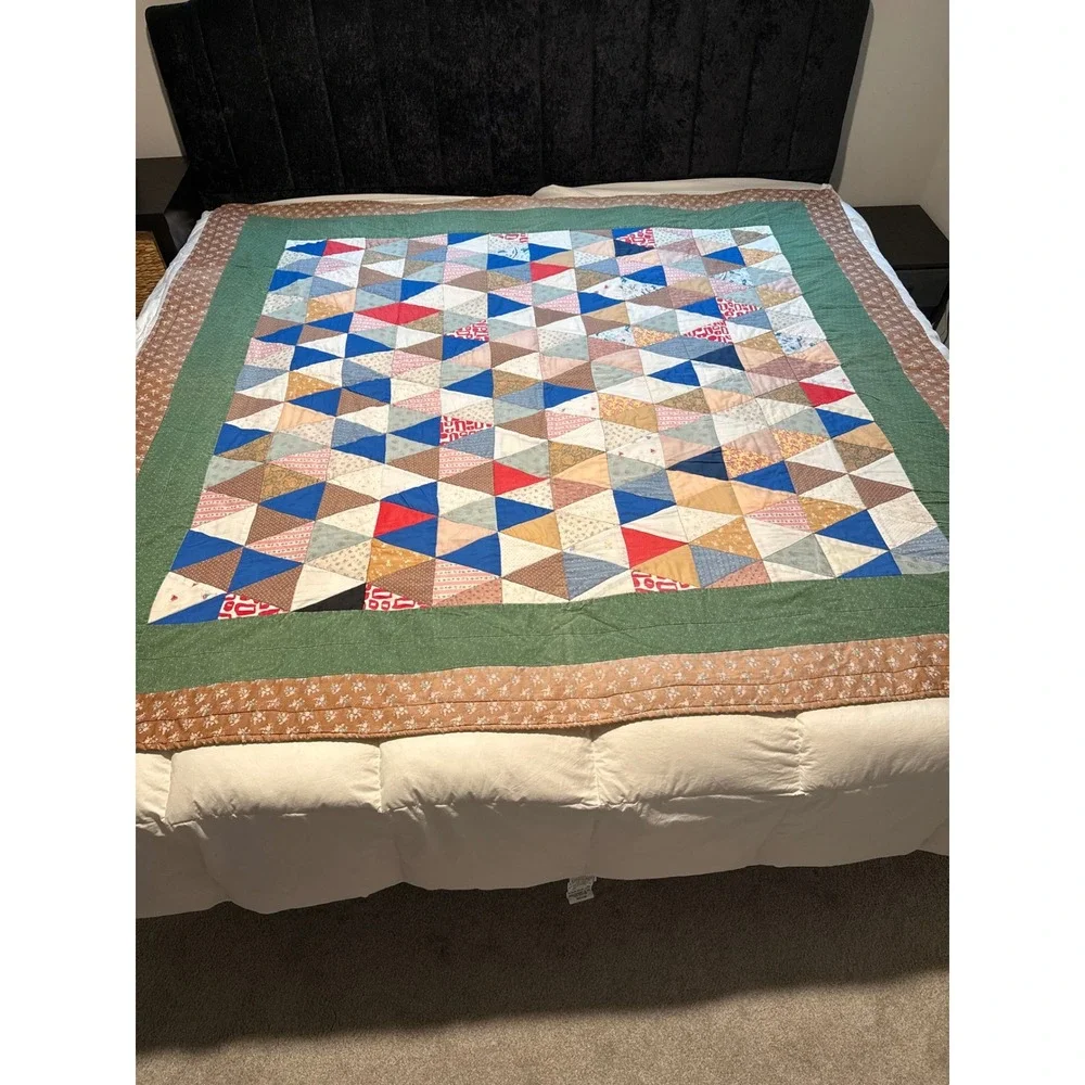 Antique Handmade Reversible Triangle Patchwork Quilt Cotton Geometric 74x72